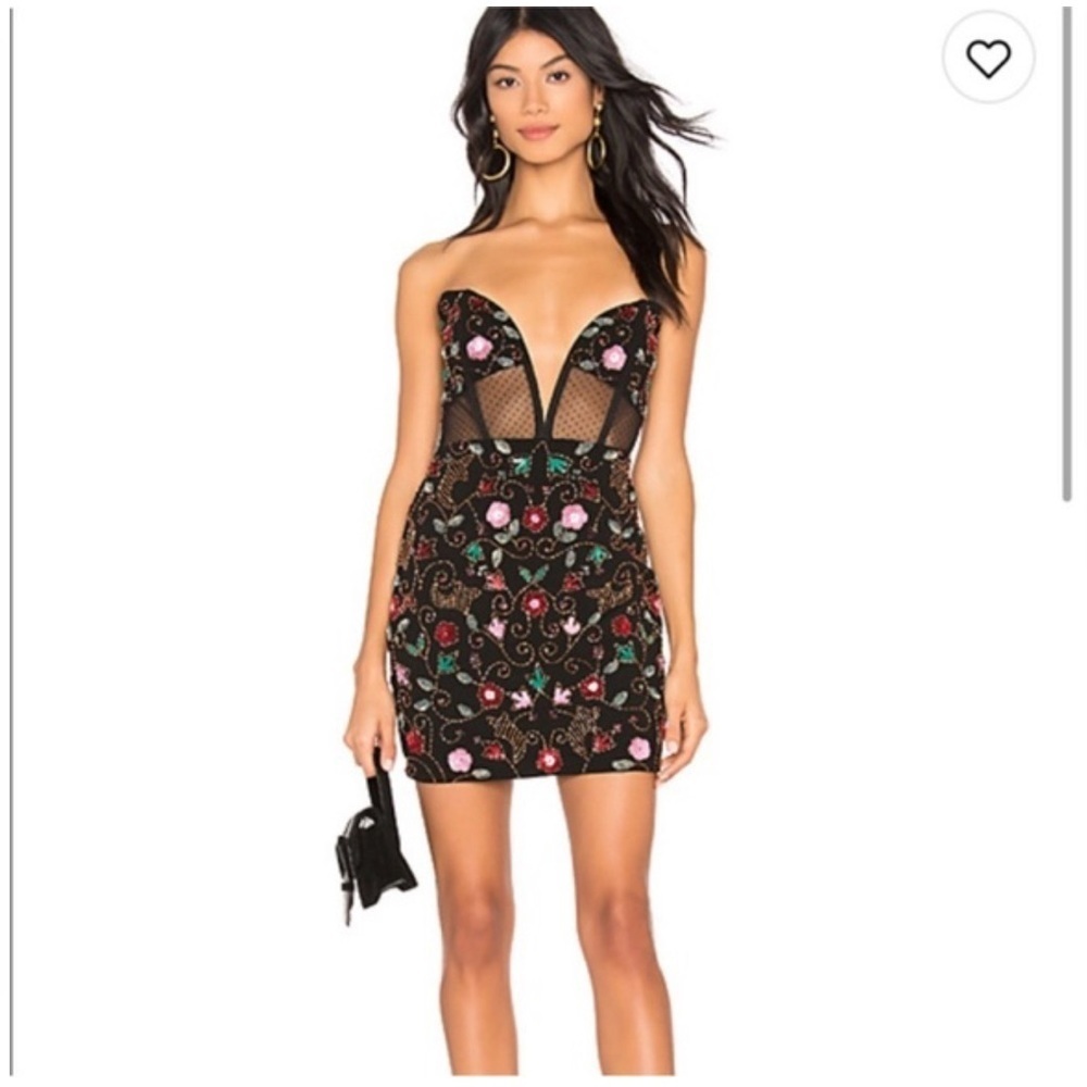 h:ours Black Mini Dress with Multicolor Floral Sequin Embroidery